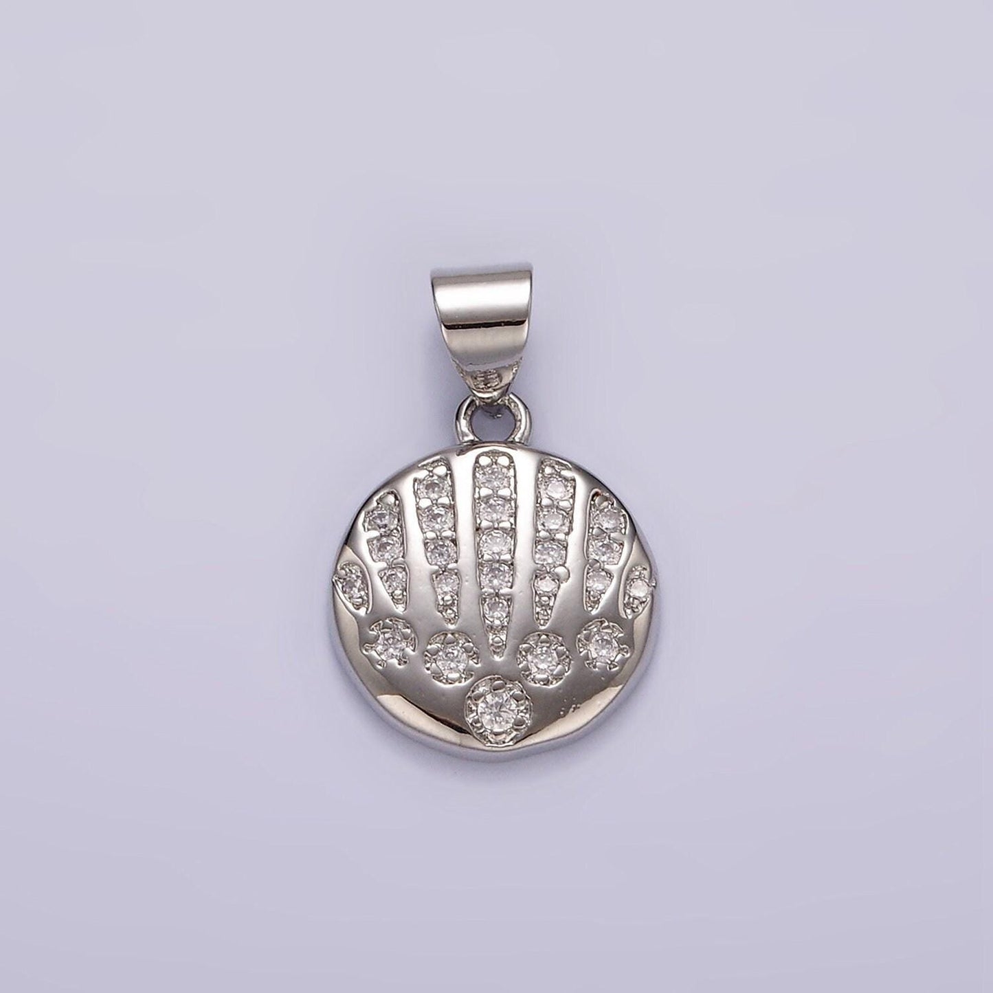 14k gold filled clear cz micro paved ocean clam sea shell round pendant in gold & silver | n1974