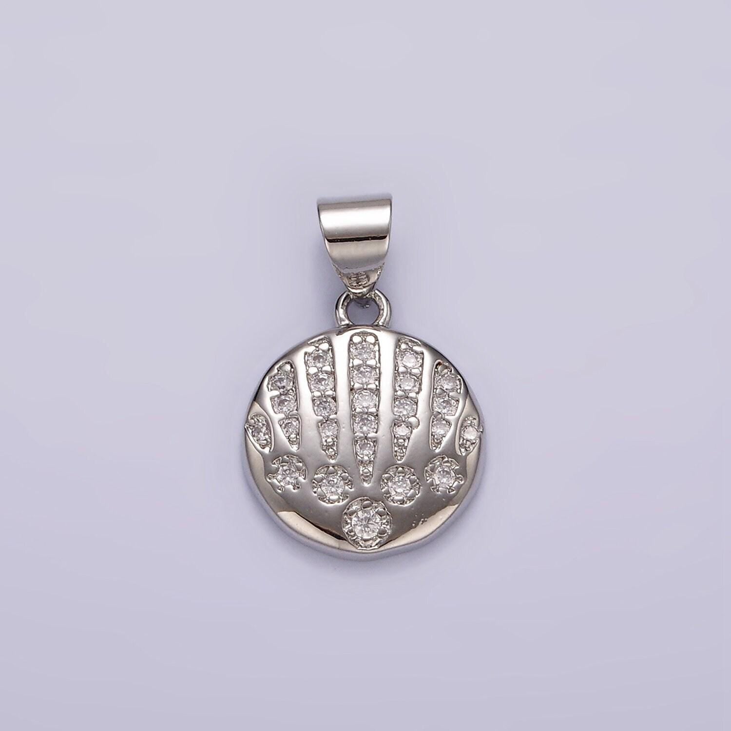 14k gold filled clear cz micro paved ocean clam sea shell round pendant in gold & silver | n1974