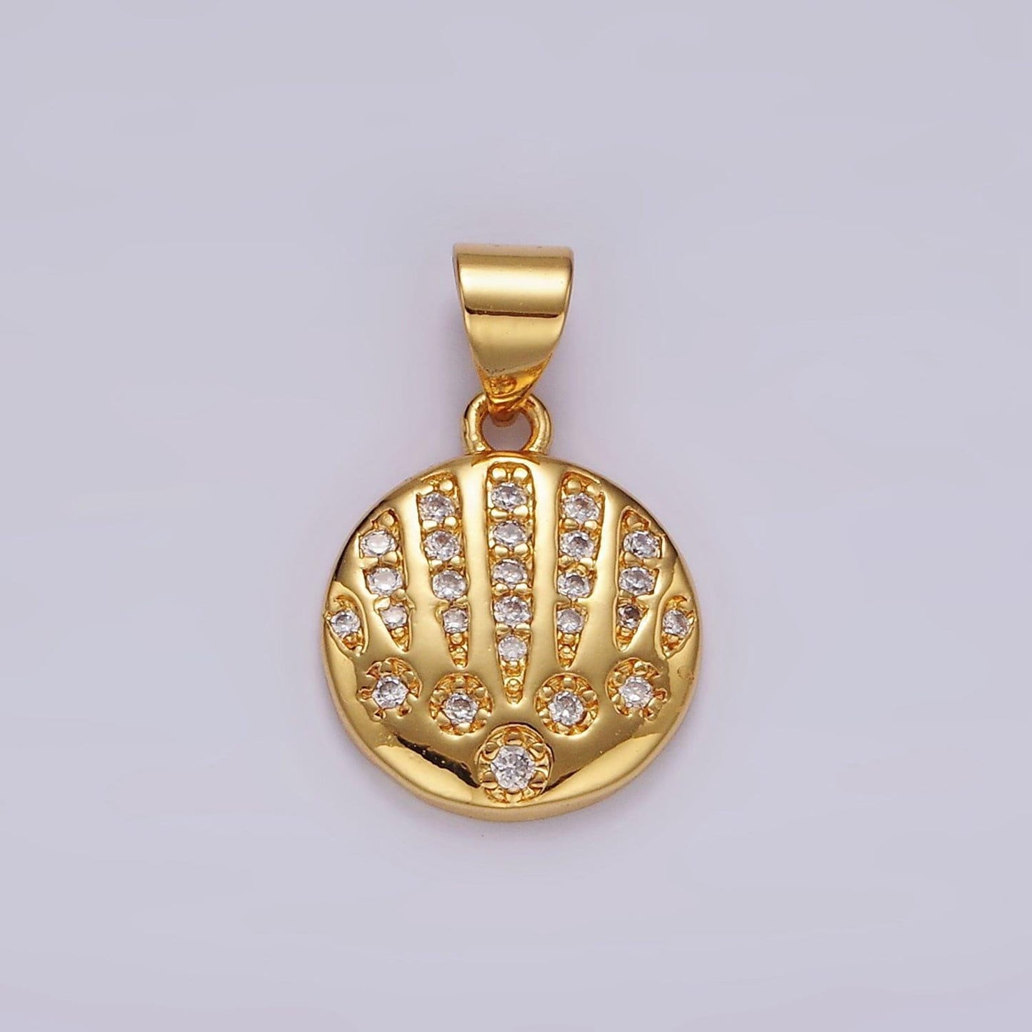 14k gold filled clear cz micro paved ocean clam sea shell round pendant in gold & silver | n1974
