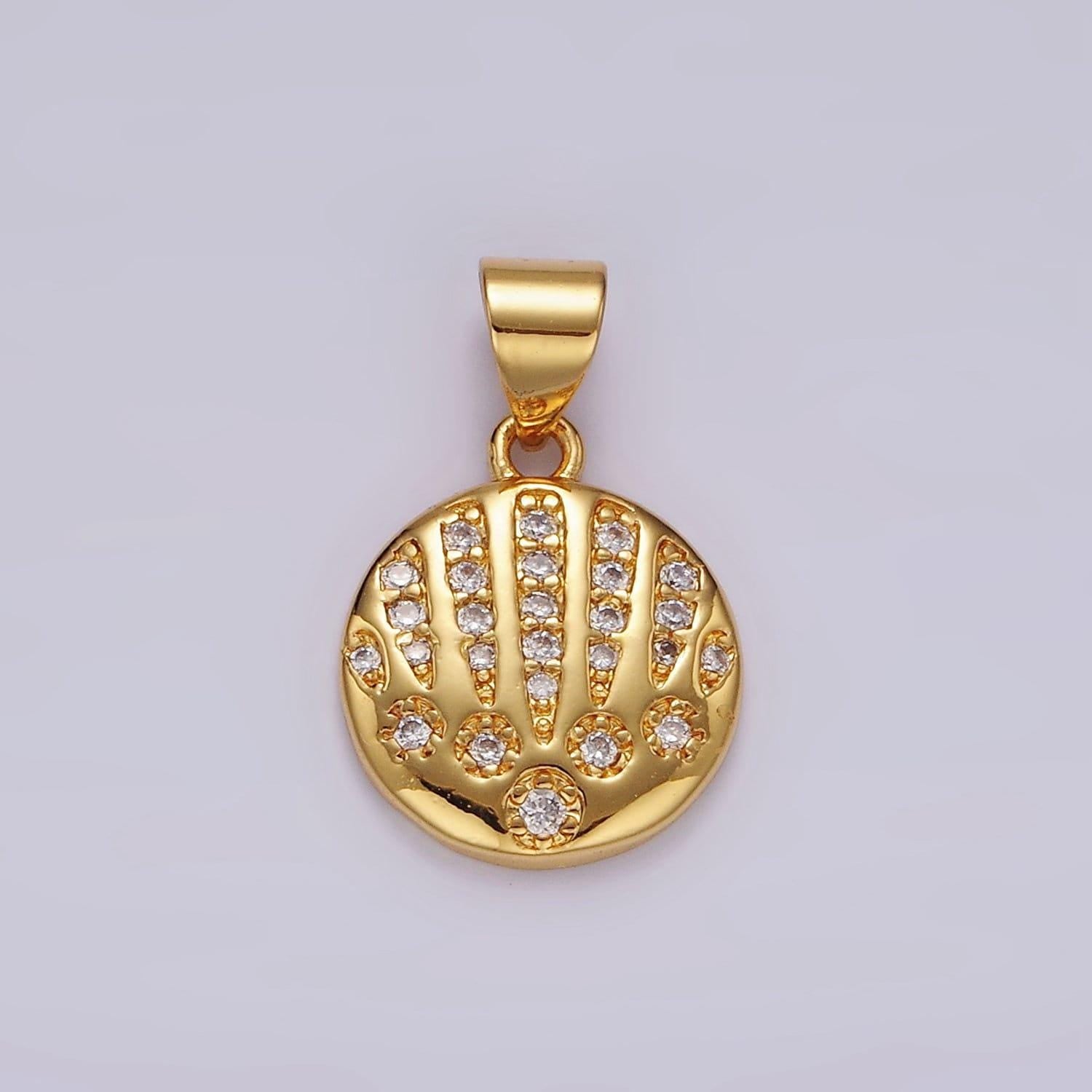 14k gold filled clear cz micro paved ocean clam sea shell round pendant in gold & silver | n1974