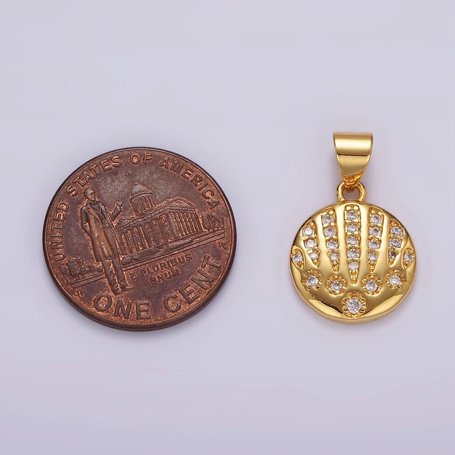 14k gold filled clear cz micro paved ocean clam sea shell round pendant in gold & silver | n1974