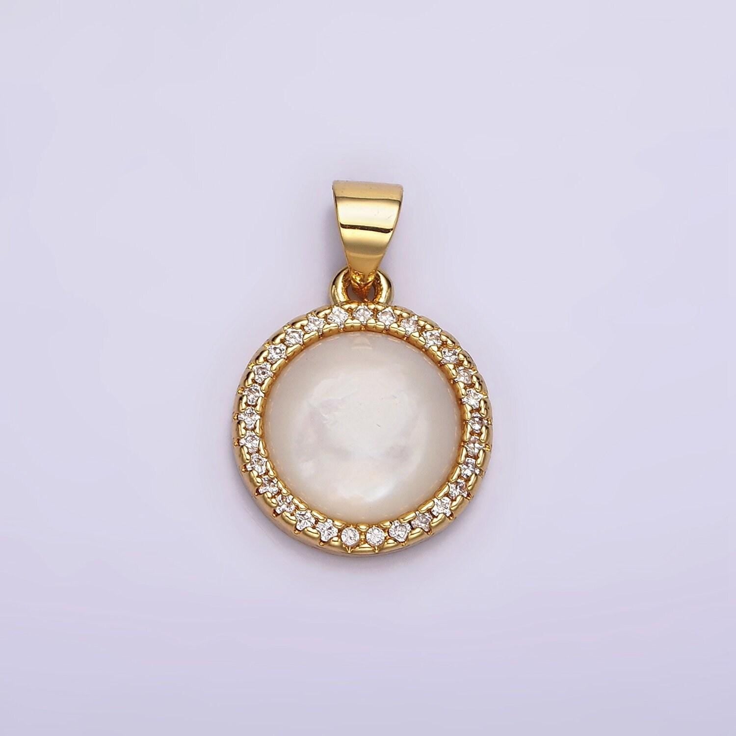 14k gold filled round moonstone gemstone micro paved cz round pendant | n1937