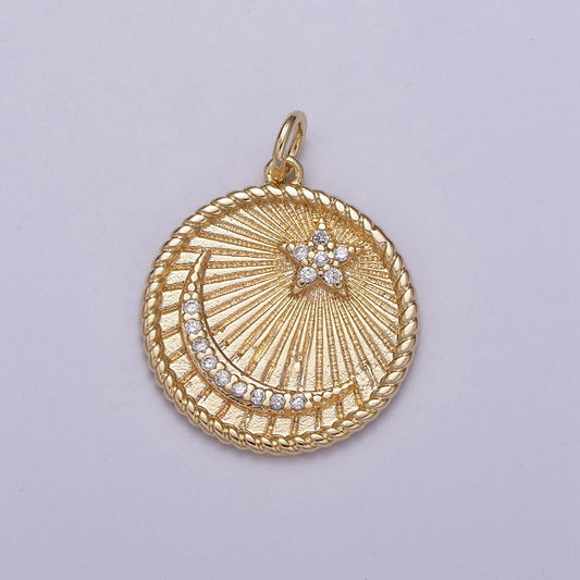 Celestial cz pendant gold star and crescent moon charm jewelry making supply 24k gold findings, n-187
