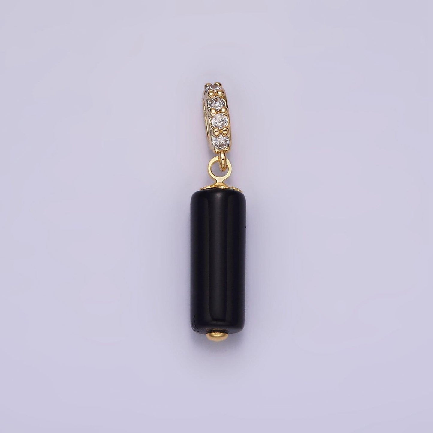 Dainty gemstone onyx cylinder charm gold filled cz bail charm pendant for necklace black jewelry n1866