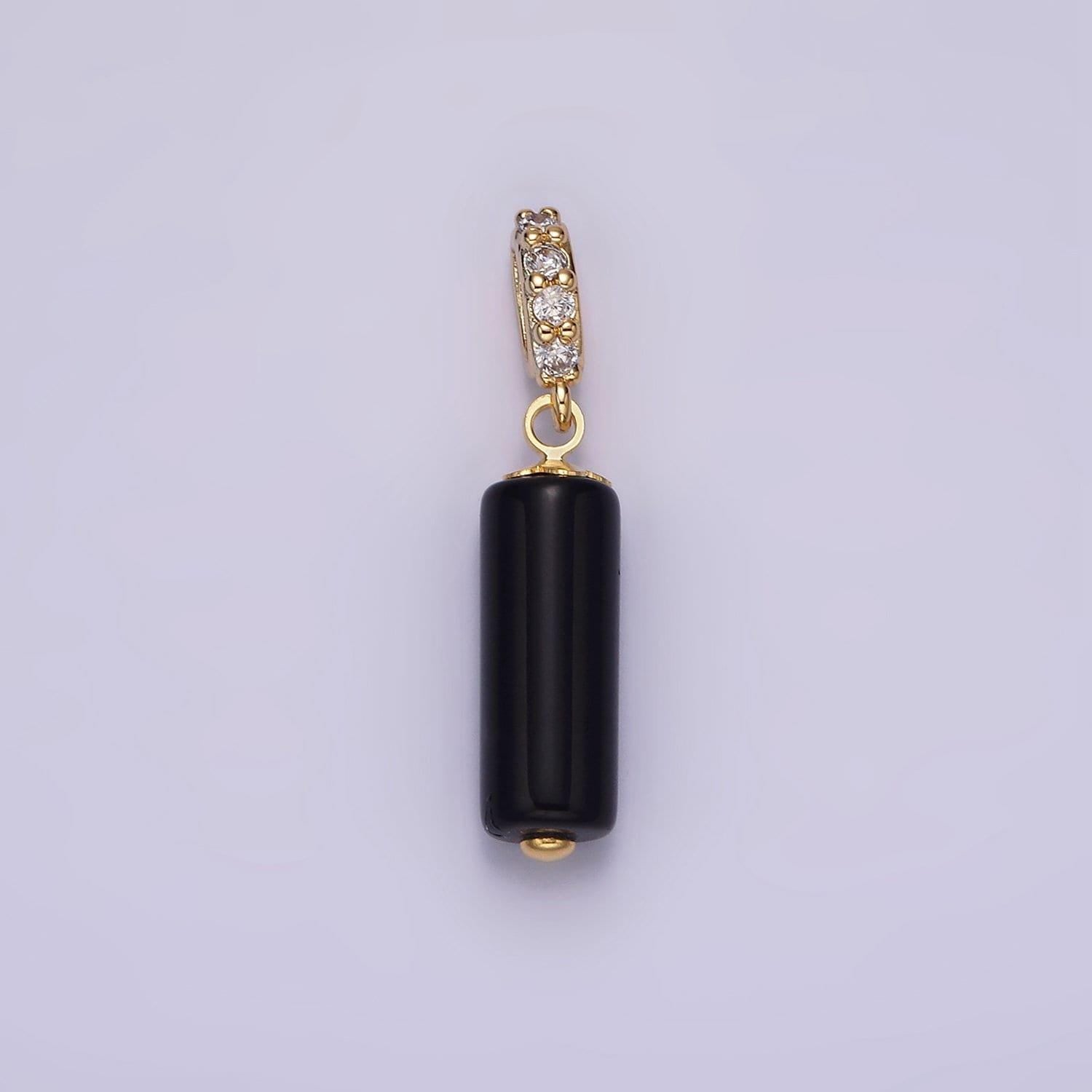 Dainty gemstone onyx cylinder charm gold filled cz bail charm pendant for necklace black jewelry n1866