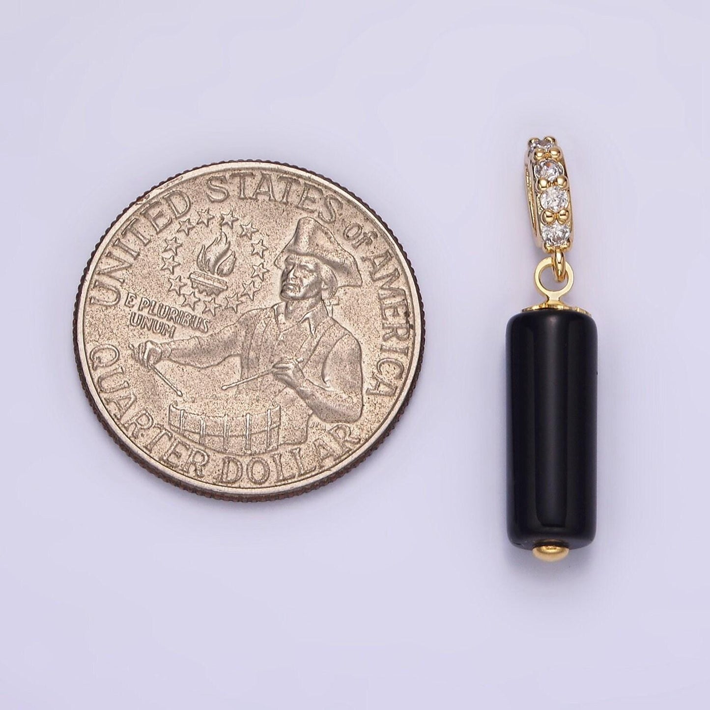 Dainty gemstone onyx cylinder charm gold filled cz bail charm pendant for necklace black jewelry n1866