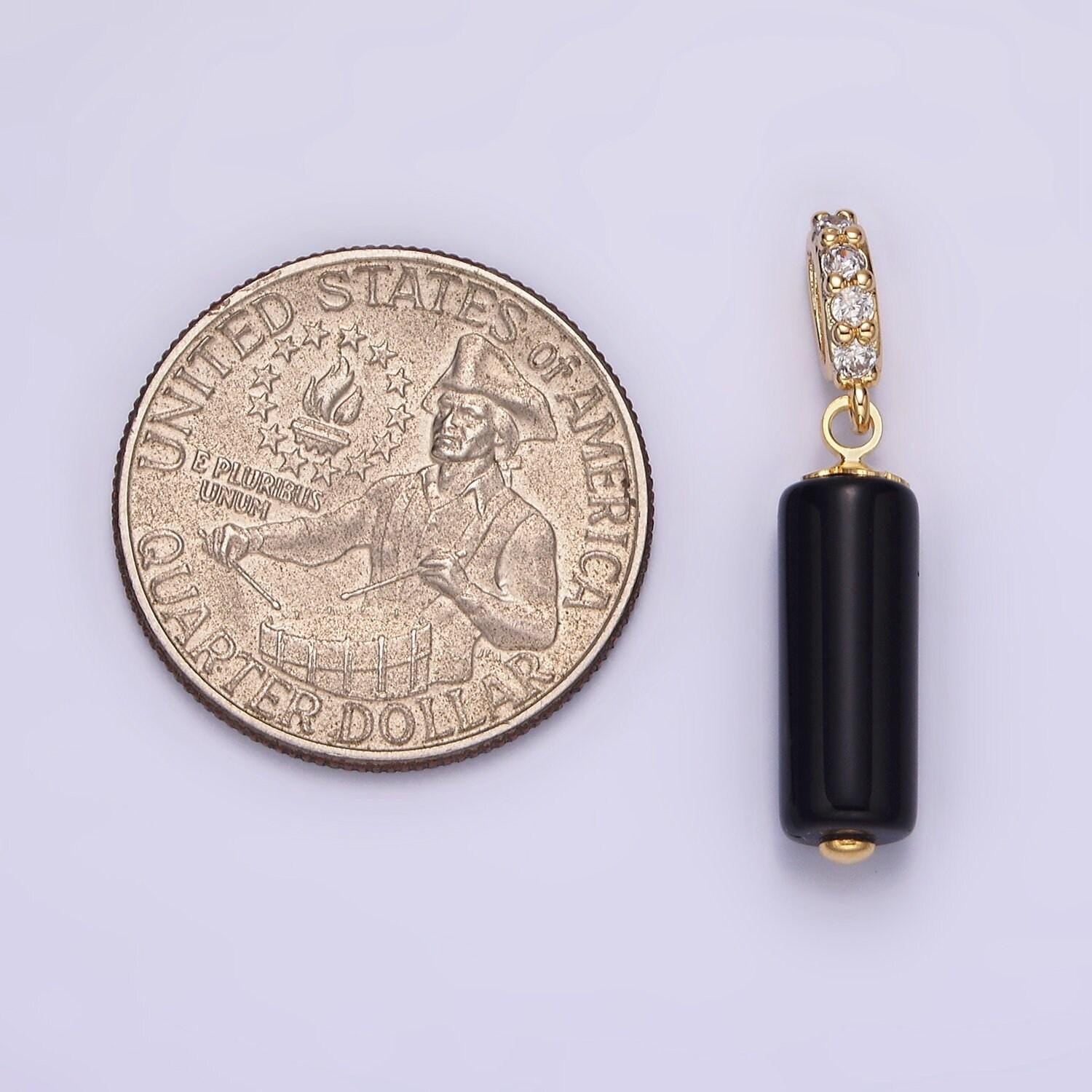 Dainty gemstone onyx cylinder charm gold filled cz bail charm pendant for necklace black jewelry n1866