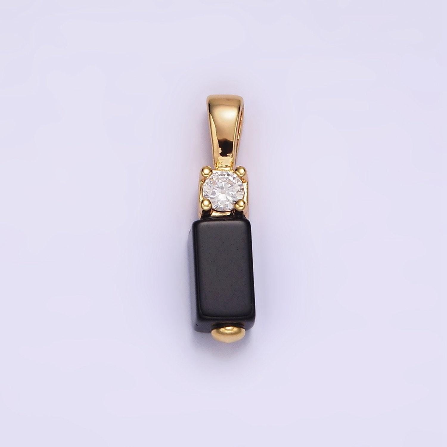 Mini gemstone onyx carnelian rectangle charm gold filled cz bail charm pendant for necklace black red jewelry n1861