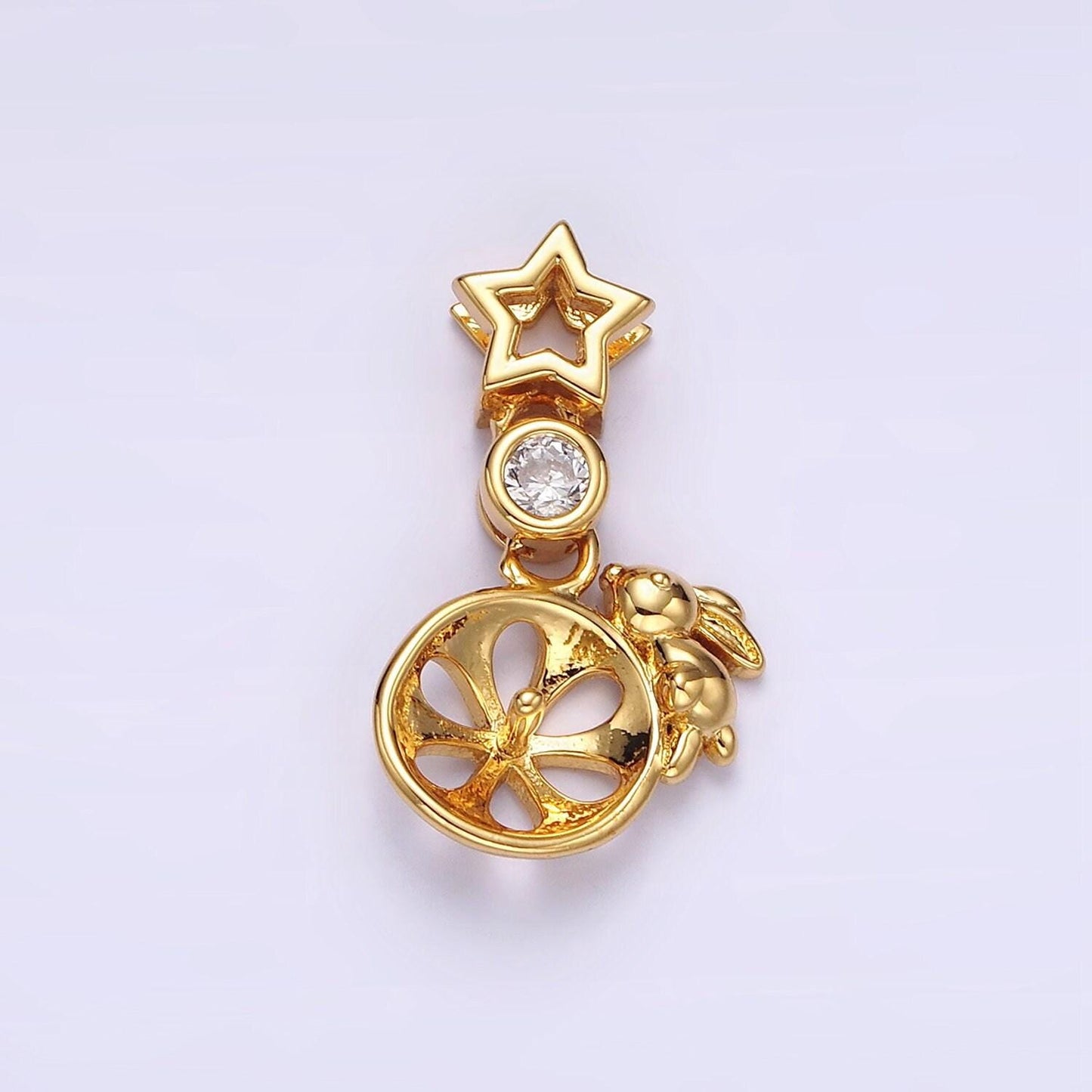 14k gold filled rabbit bunny animal wheel cz celestial star open pendant in gold & silver | n1854 n1855