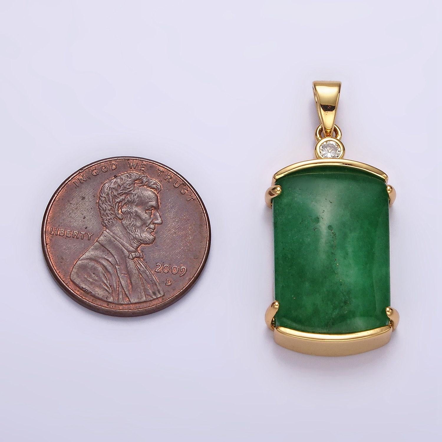 14k gold filled green jade rectangular curved cz pendant | n1853