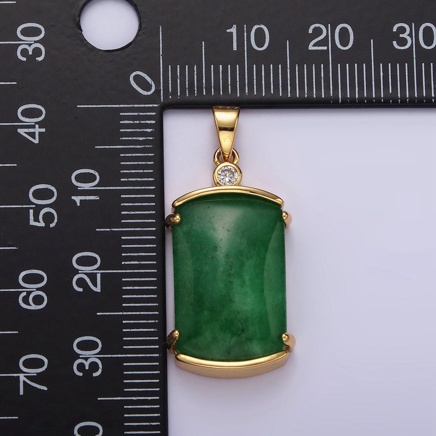 14k gold filled green jade rectangular curved cz pendant | n1853