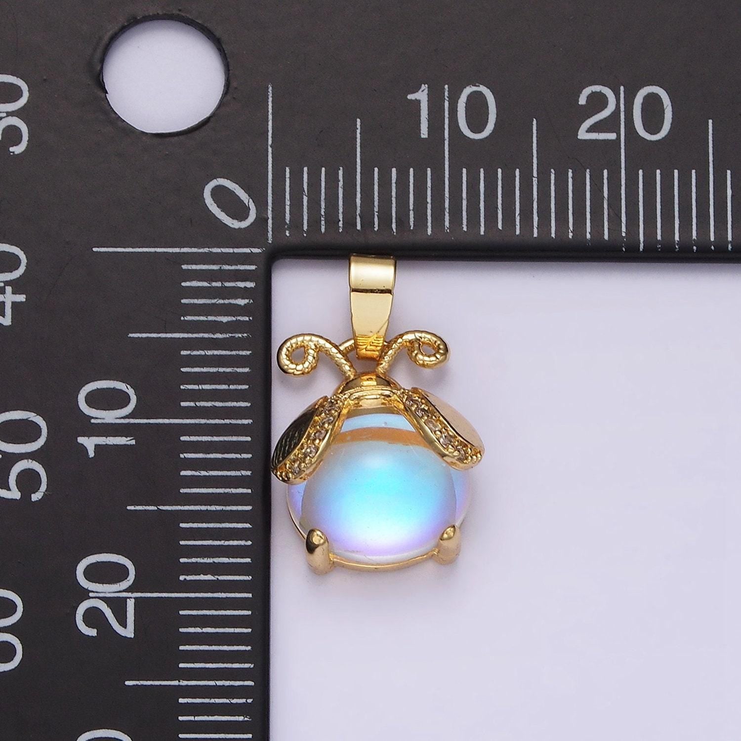 Mini lady bug charm 14k gold filled moonstone animal insect cute iridescent bug pendant | n1839