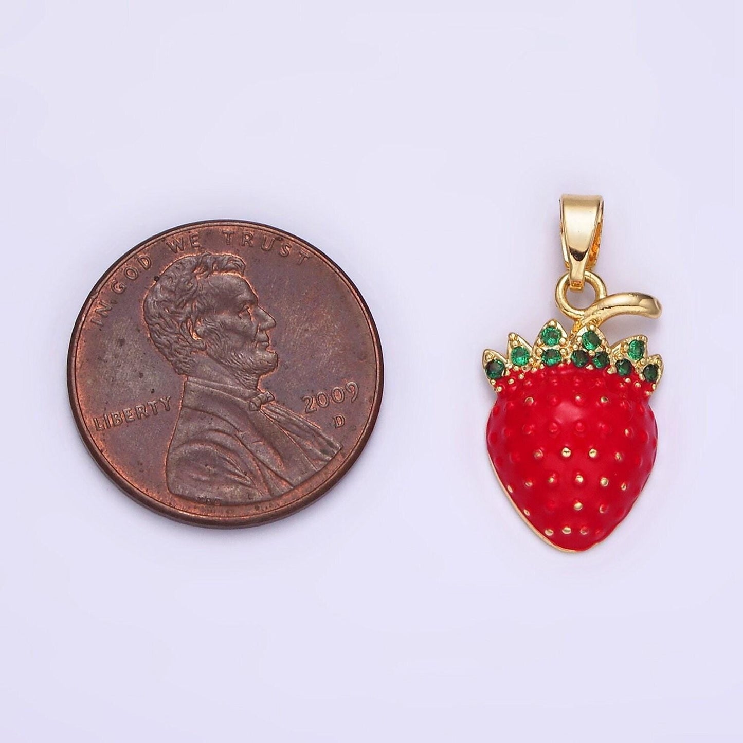 Dainty gold strawberry pendant, enamel fruit necklace charm cute fruit charm green cz stone food jewelry inspired for jewelry making n-1832