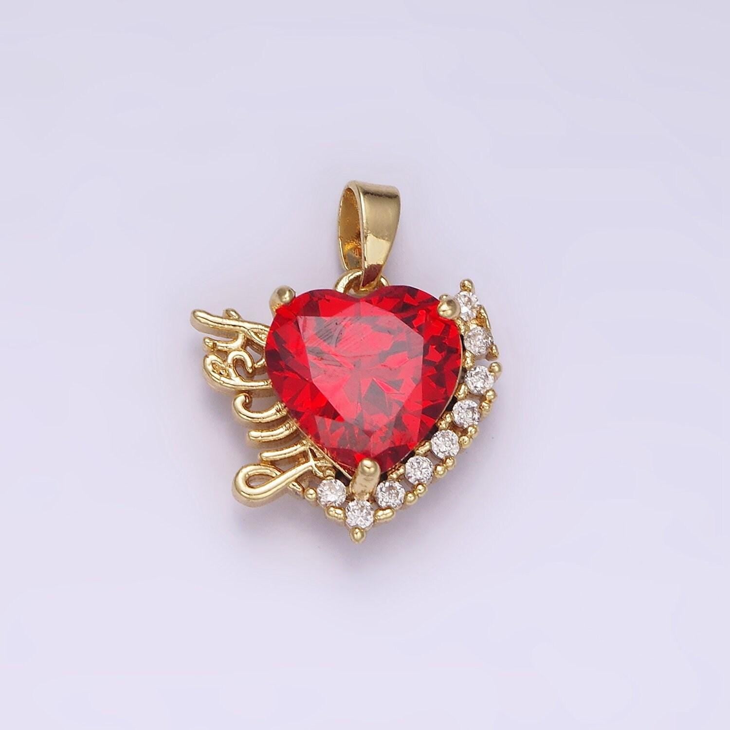 14k gold filled red heart cz lucky word script micro paved cz outline pendant | n1826