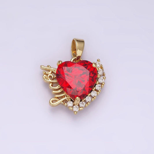 14k gold filled red heart cz lucky word script micro paved cz outline pendant | n1826