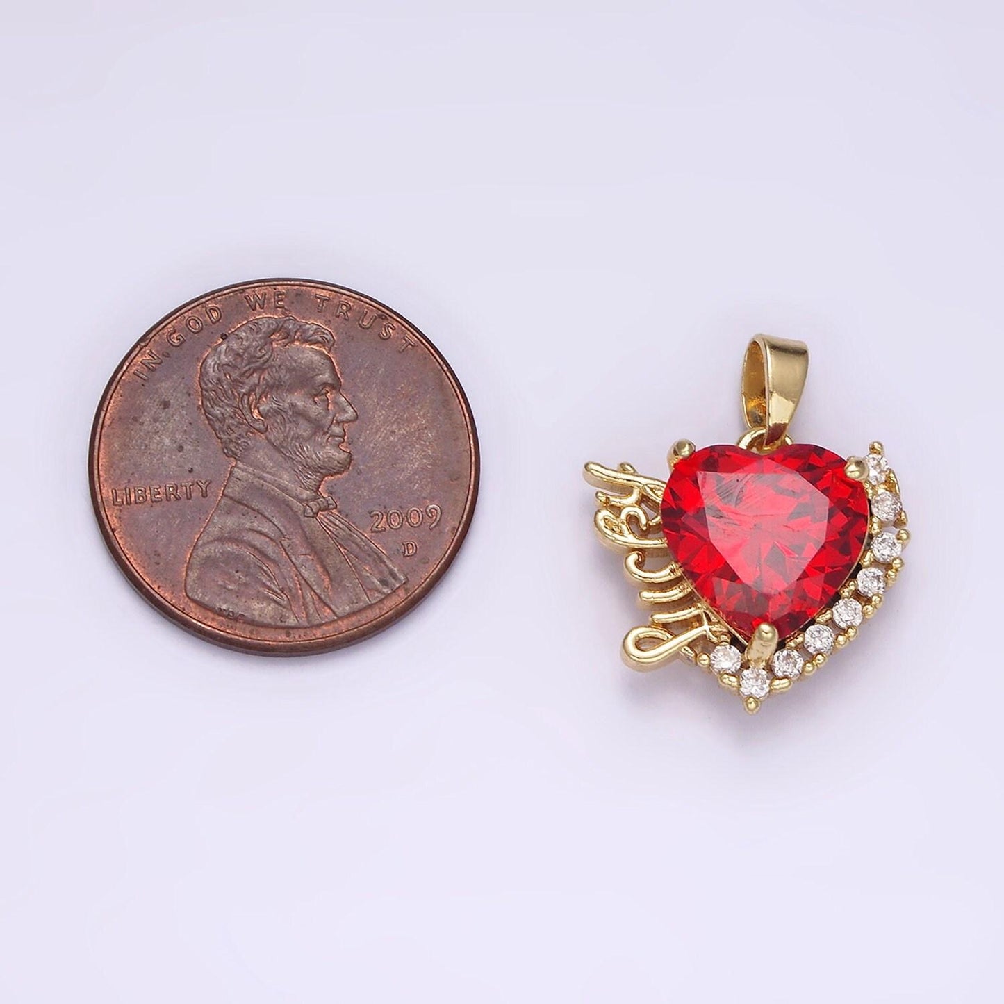 14k gold filled red heart cz lucky word script micro paved cz outline pendant | n1826