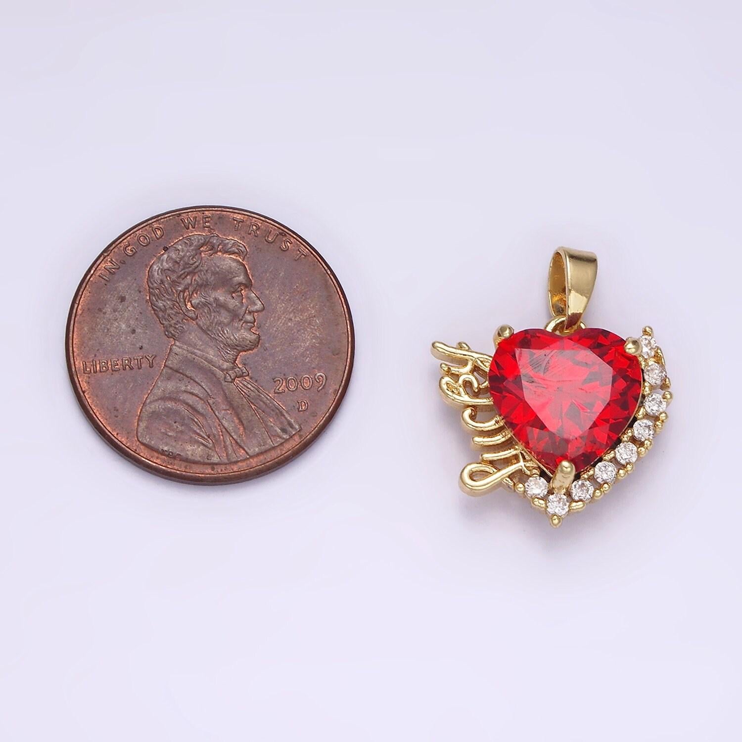 14k gold filled red heart cz lucky word script micro paved cz outline pendant | n1826