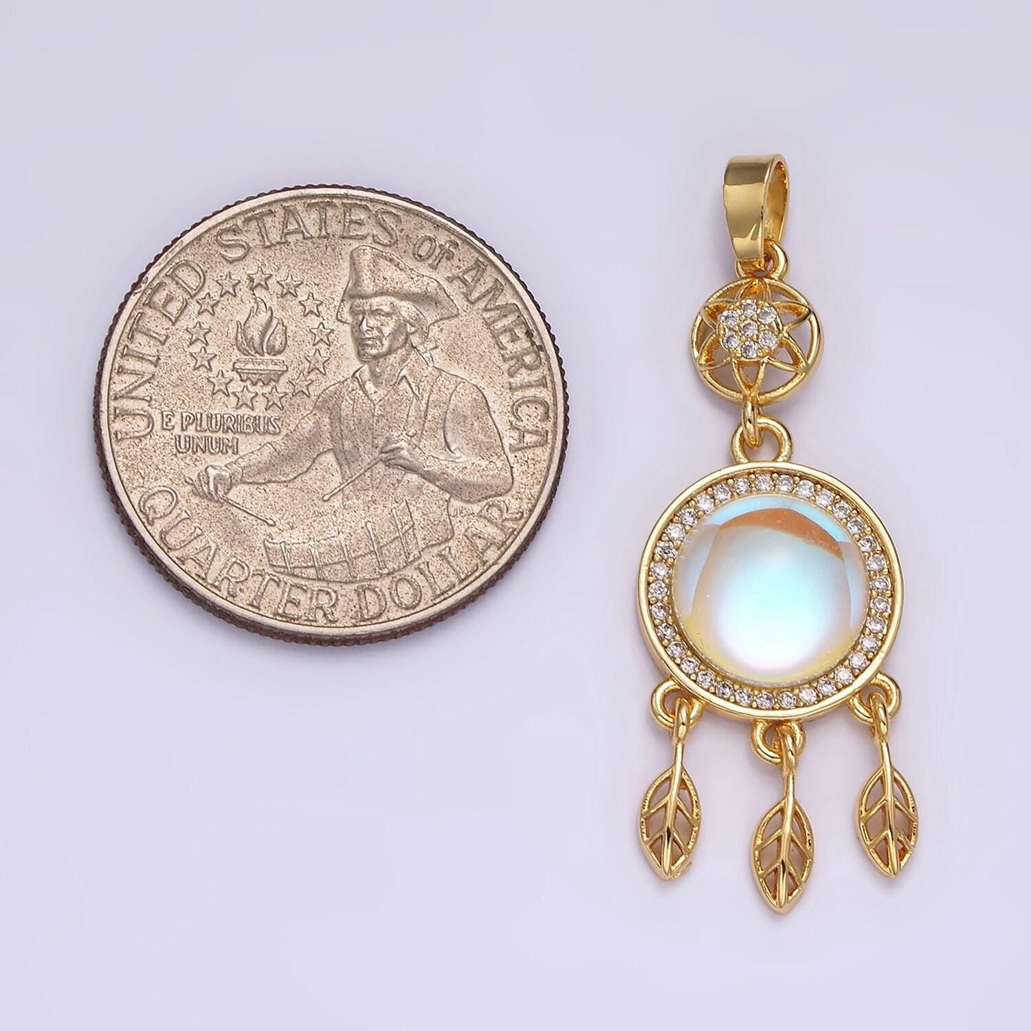 Gold dream catcher pendant, 14k gold filled clear micro paved cz moonstone center dream catcher charm | n-1824