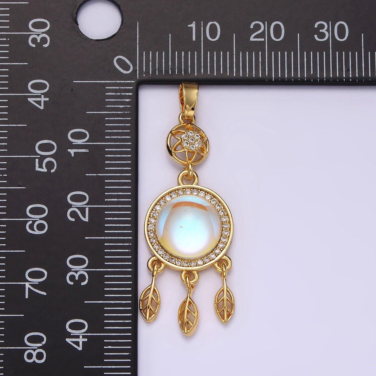 Gold dream catcher pendant, 14k gold filled clear micro paved cz moonstone center dream catcher charm | n-1824