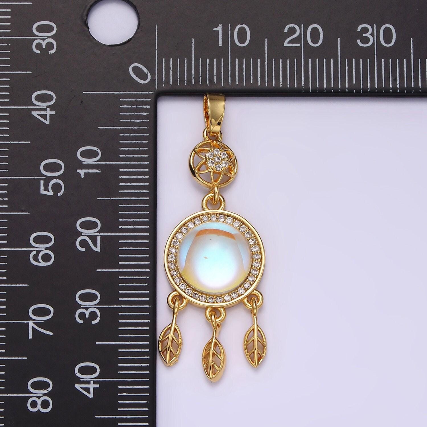 Gold dream catcher pendant, 14k gold filled clear micro paved cz moonstone center dream catcher charm | n-1824