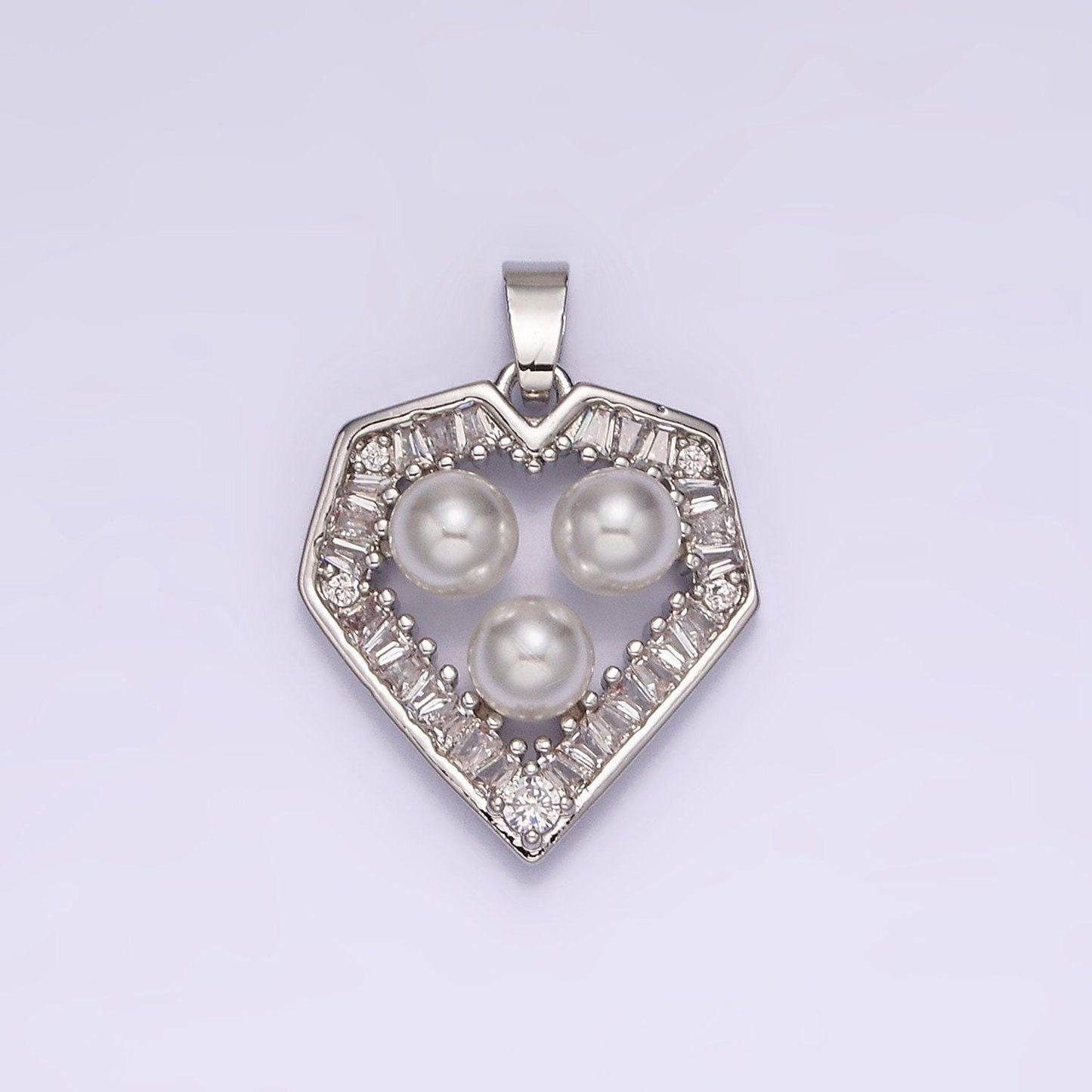 14k gold filled triple pearl clear baguette outline heart pendant in gold & silver | n1821 n1822