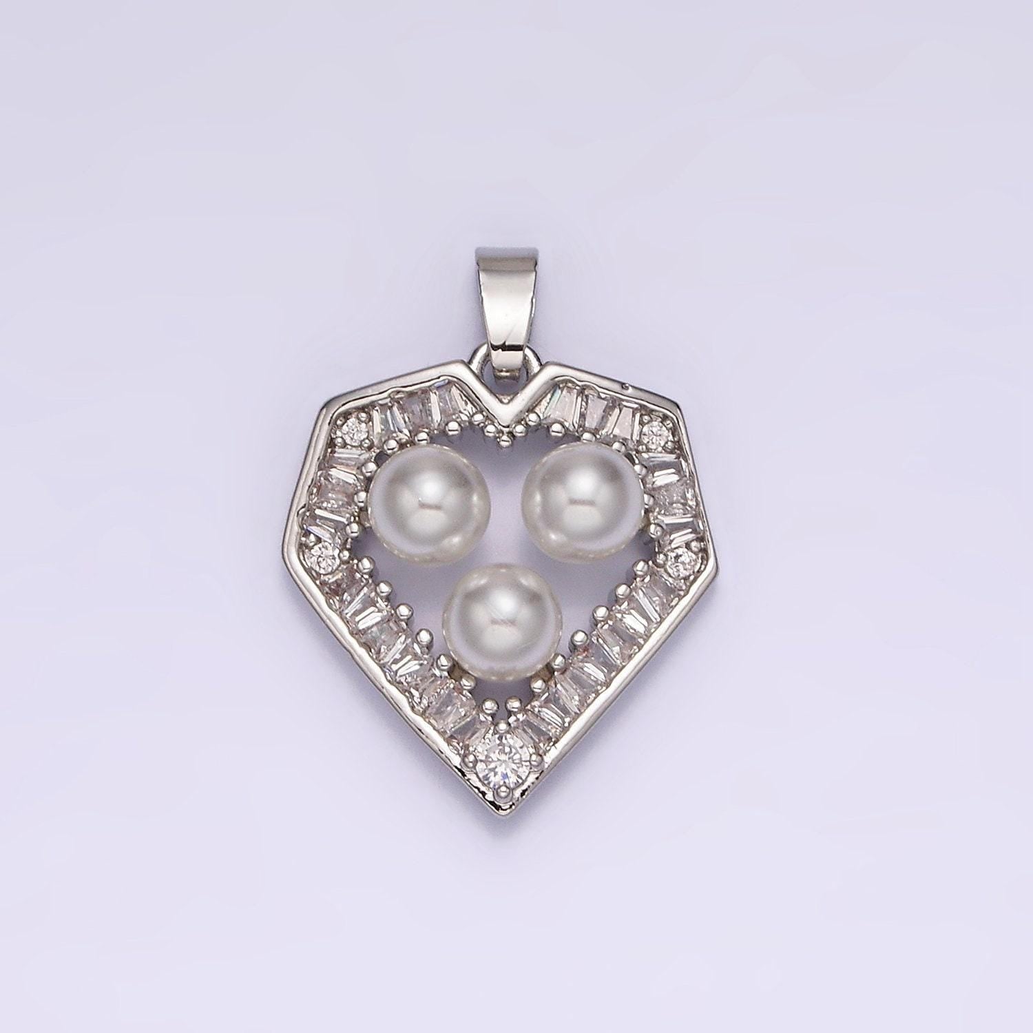 14k gold filled triple pearl clear baguette outline heart pendant in gold & silver | n1821 n1822
