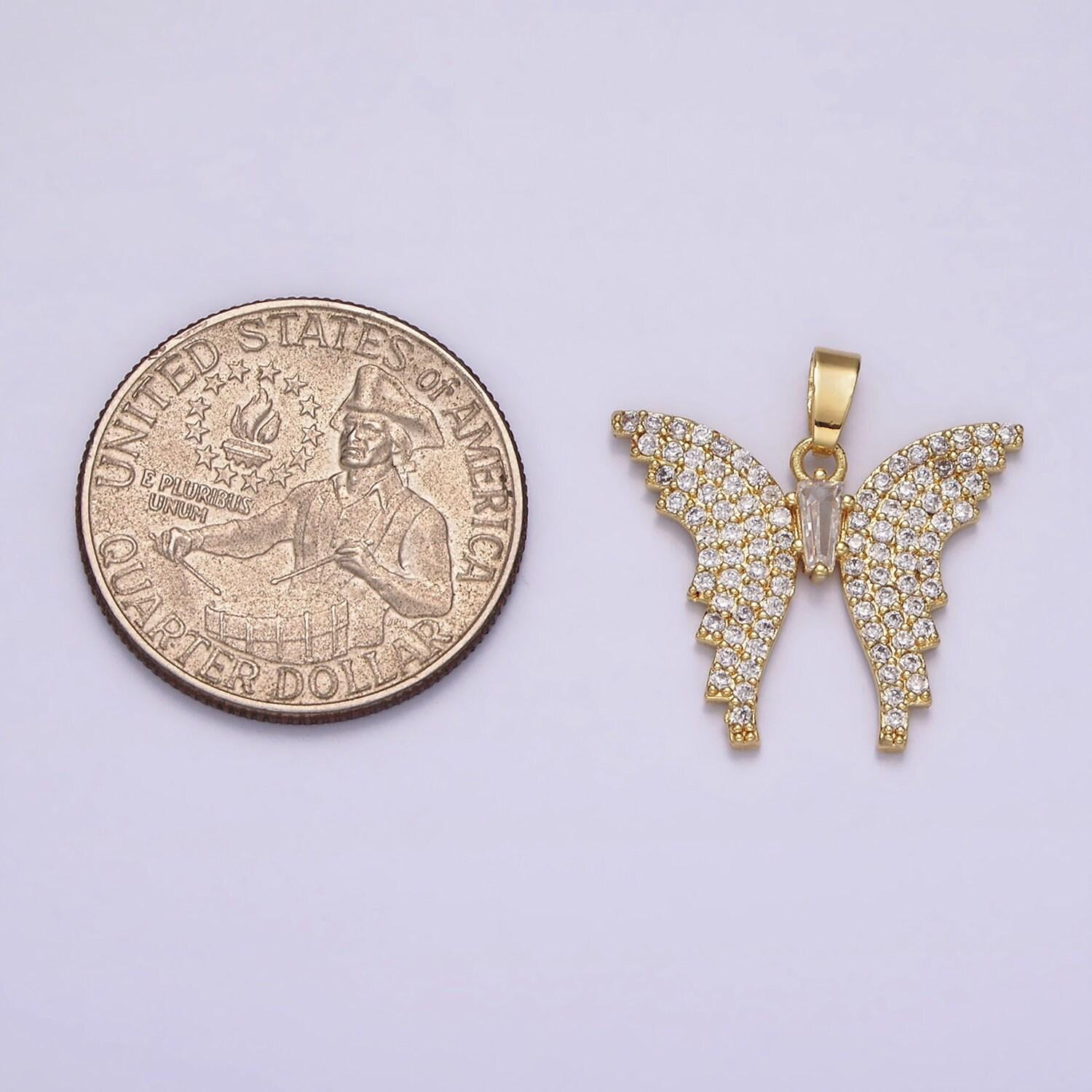 14k gold filled clear baguette micro paved cz animal butterfly wings pendant | n1820