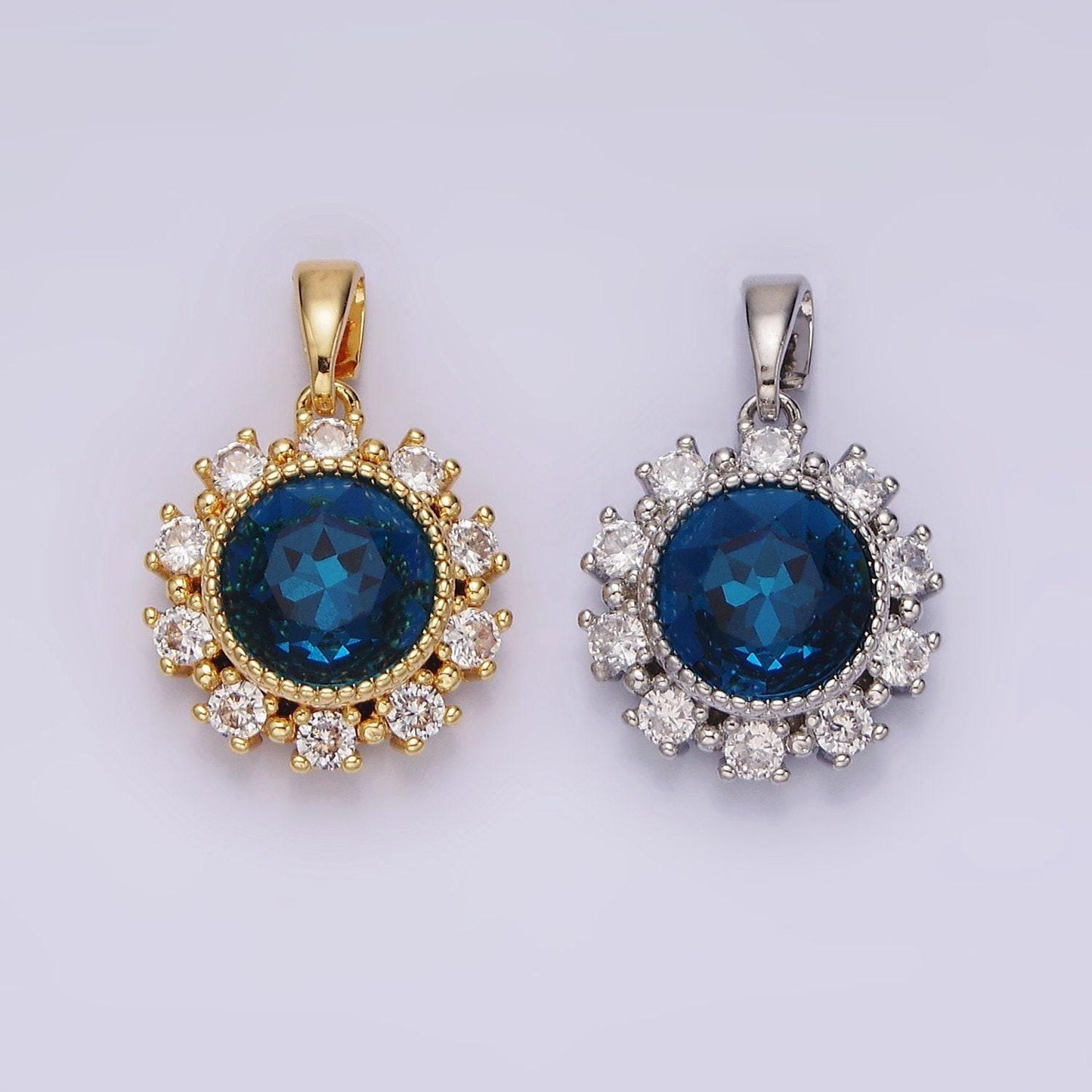 14k gold filled blue multifaceted cz dotted outlined round pendant in gold & silver | n1802 n1803