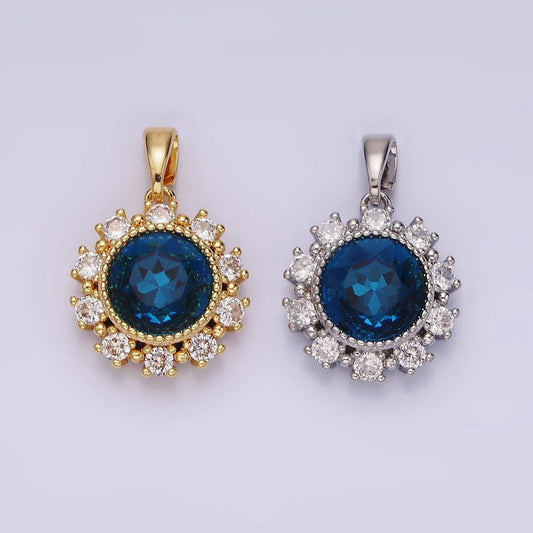 14k gold filled blue multifaceted cz dotted outlined round pendant in gold & silver | n1802 n1803