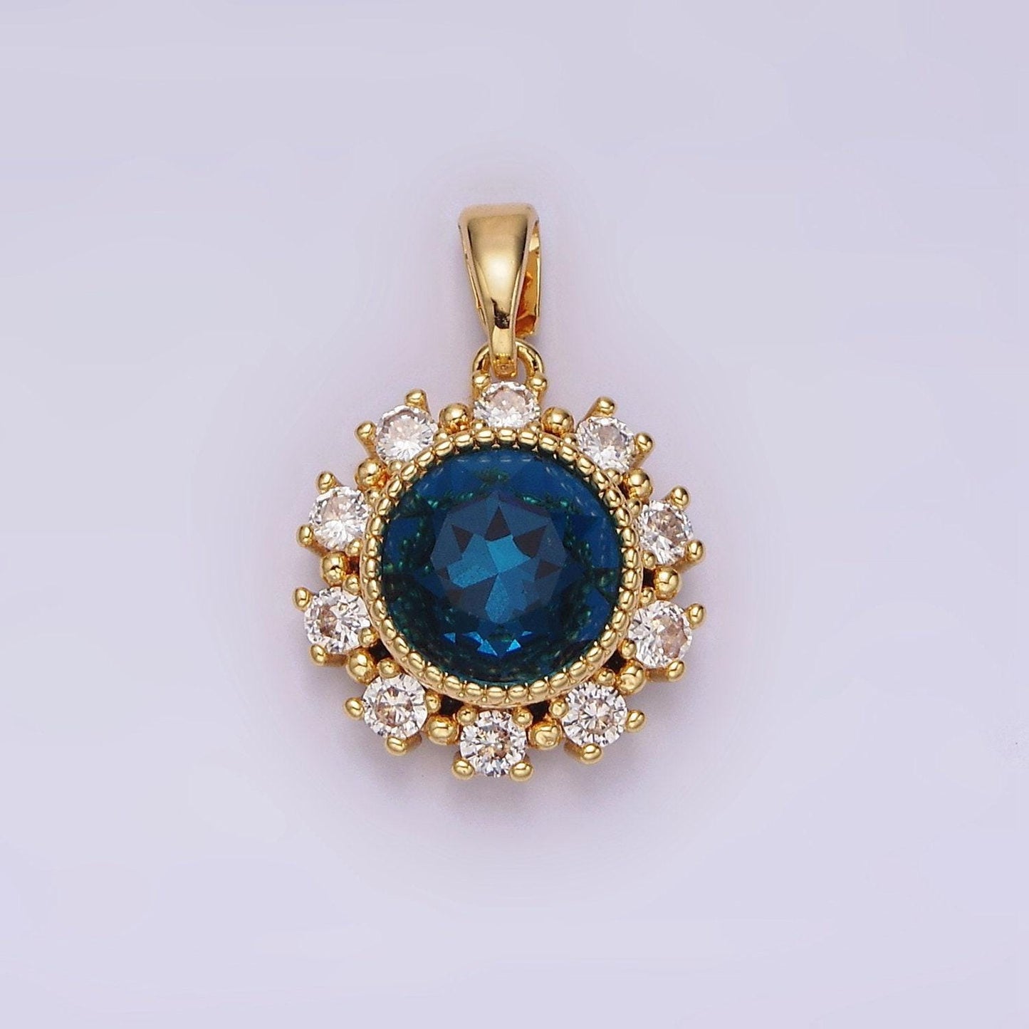 14k gold filled blue multifaceted cz dotted outlined round pendant in gold & silver | n1802 n1803