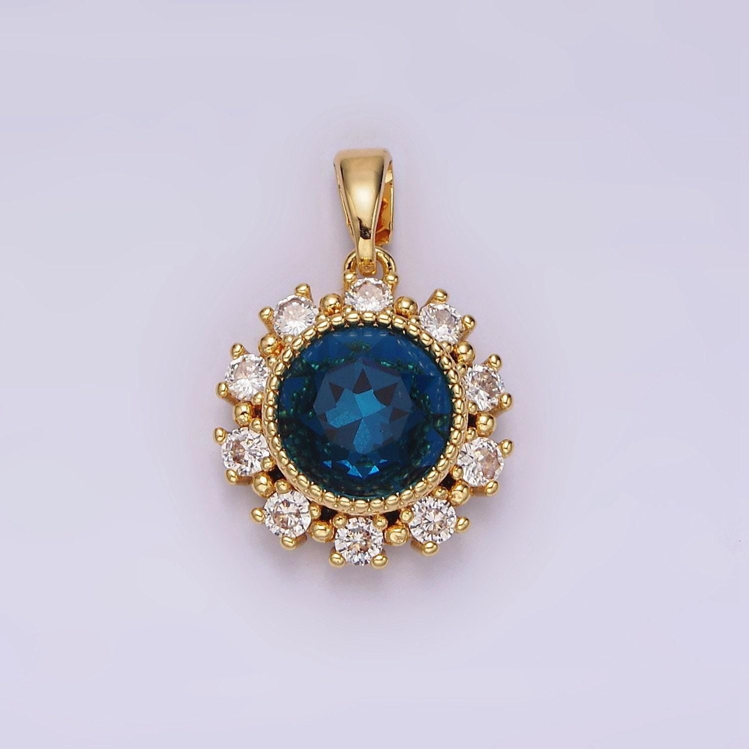 14k gold filled blue multifaceted cz dotted outlined round pendant in gold & silver | n1802 n1803