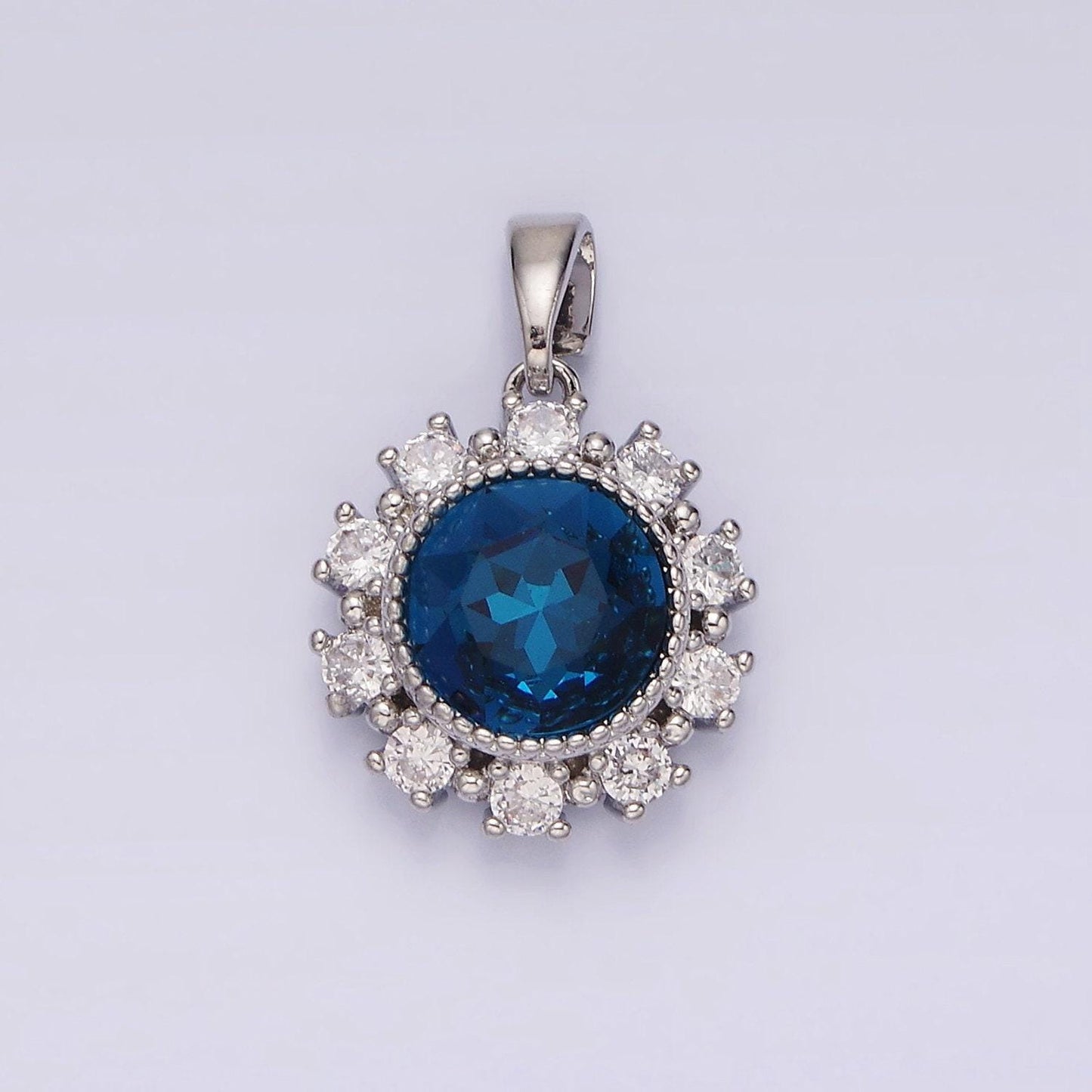 14k gold filled blue multifaceted cz dotted outlined round pendant in gold & silver | n1802 n1803