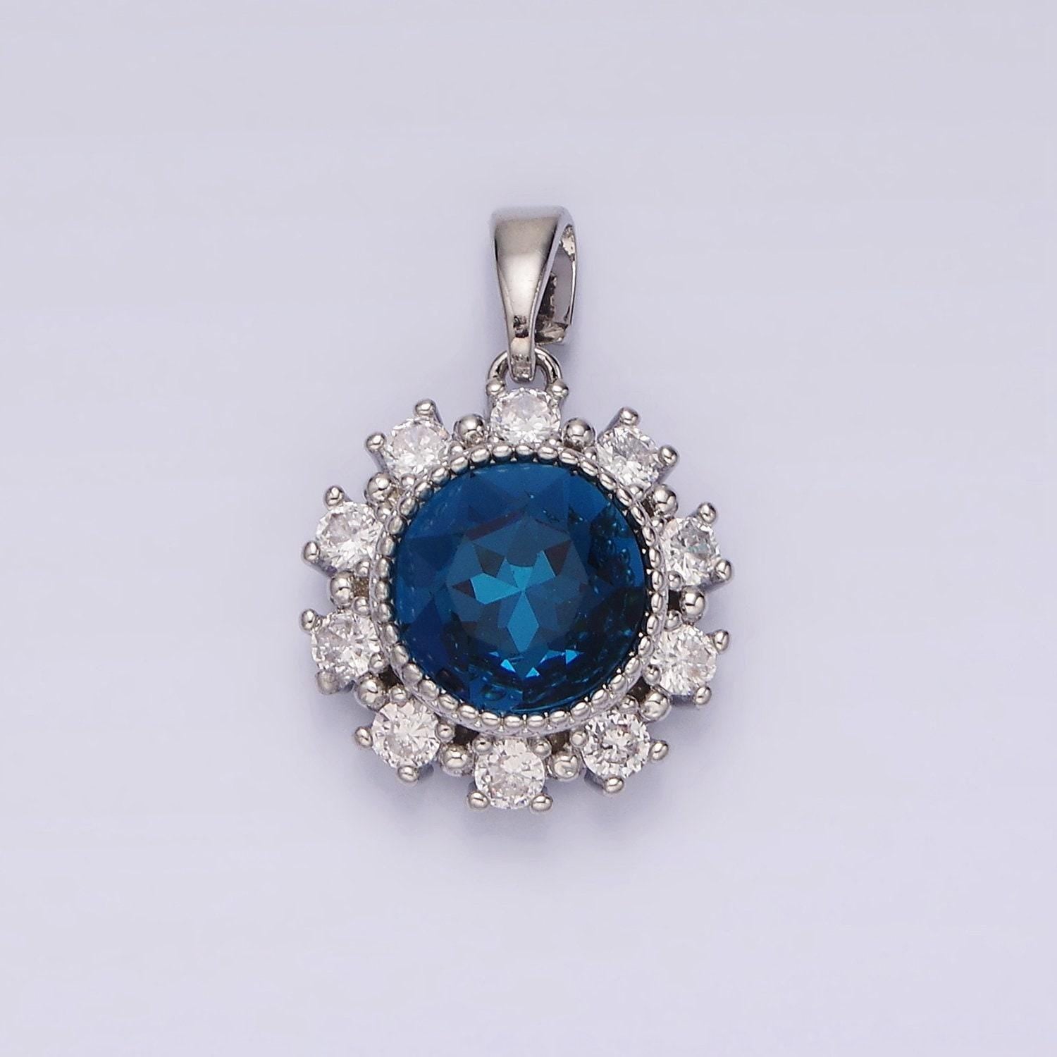 14k gold filled blue multifaceted cz dotted outlined round pendant in gold & silver | n1802 n1803