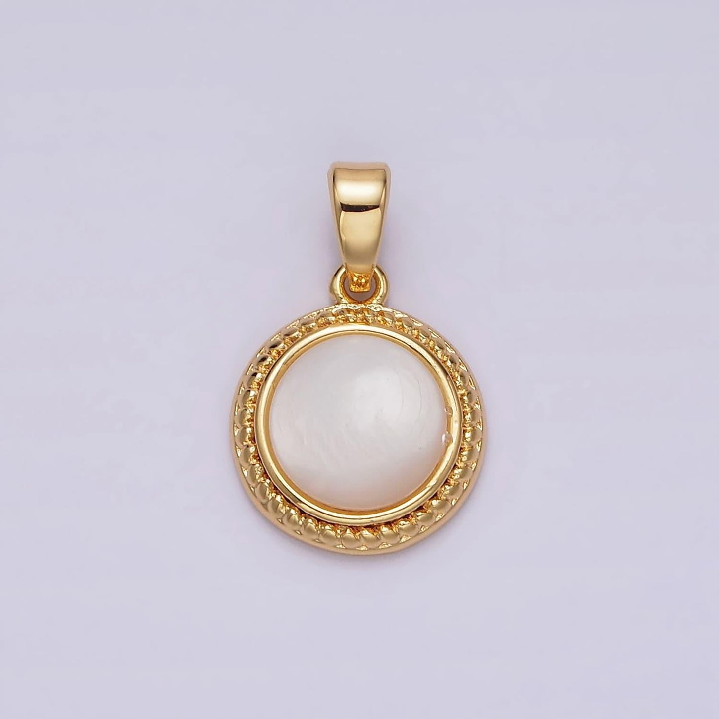 14k gold filled shell pearl braided bezel round pendant | n1796