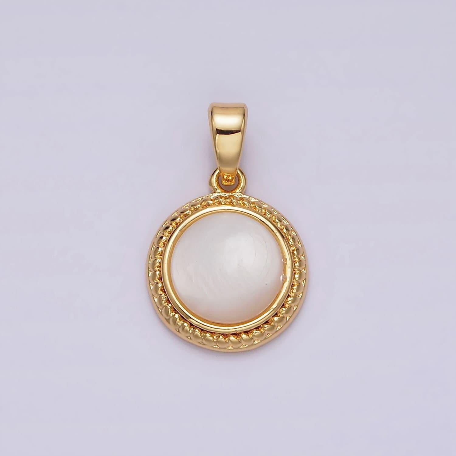 14k gold filled shell pearl braided bezel round pendant | n1796