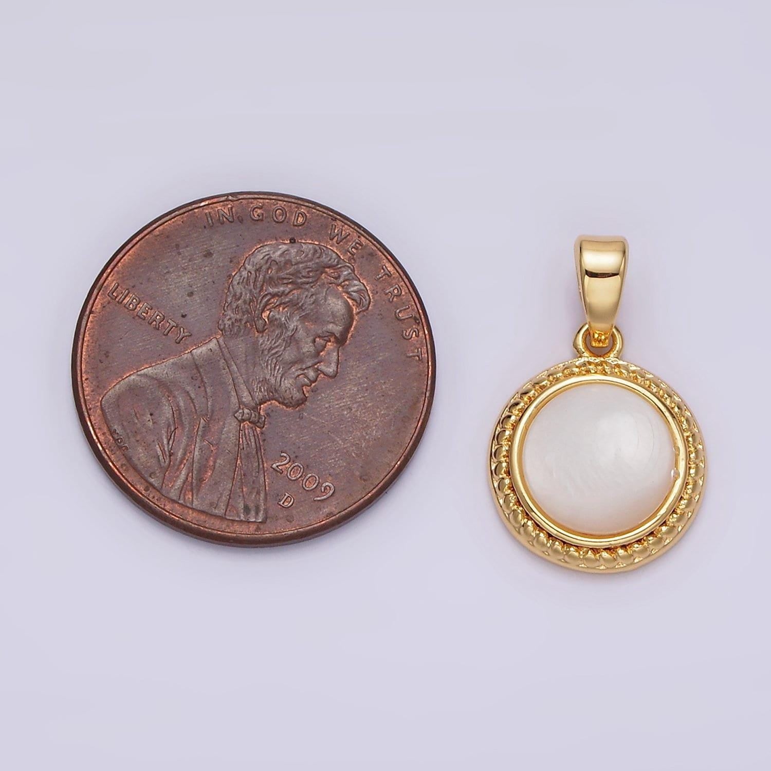 14k gold filled shell pearl braided bezel round pendant | n1796