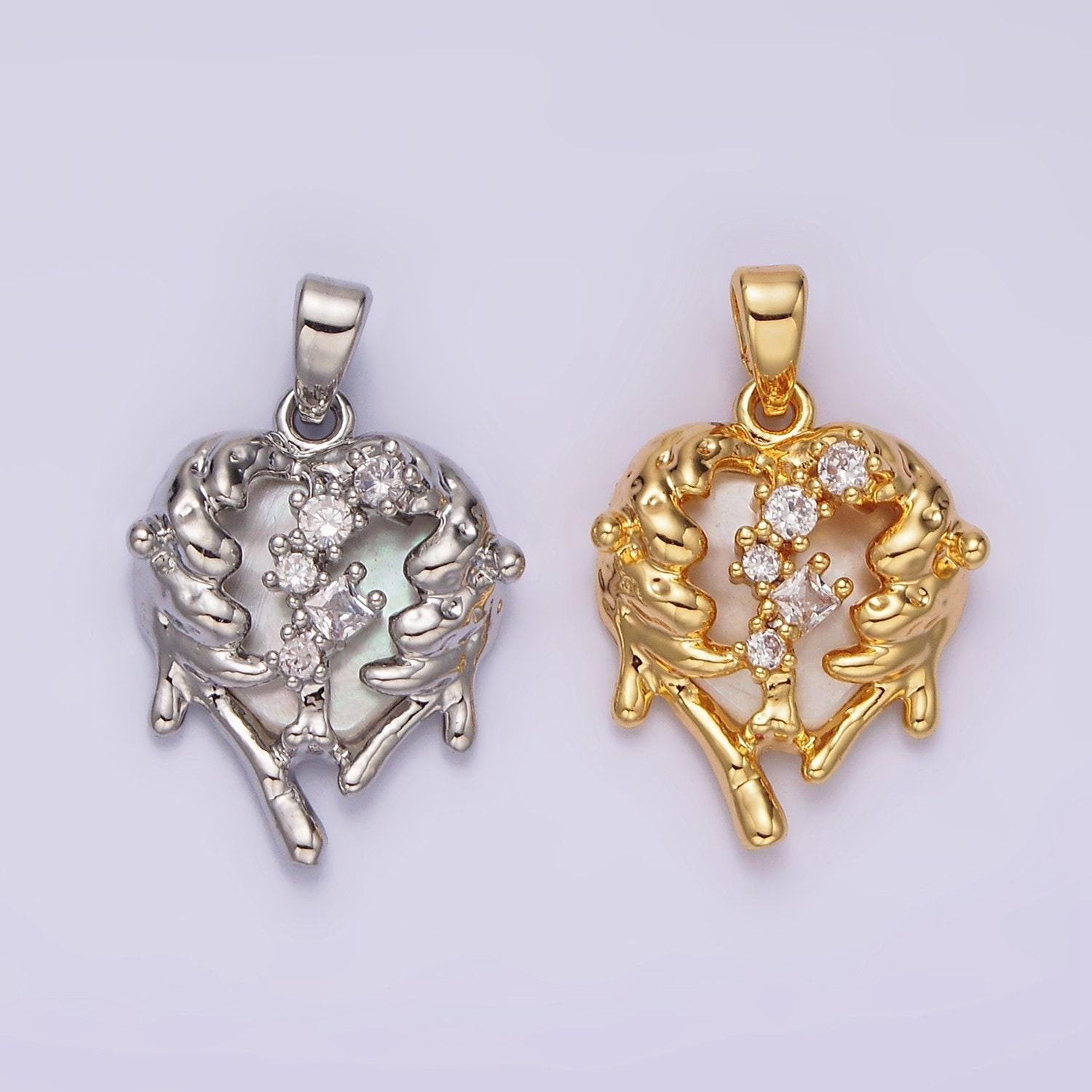 14k gold filled clear cz molten drip shell pearl heart pendant in gold & silver | n1793 n1794