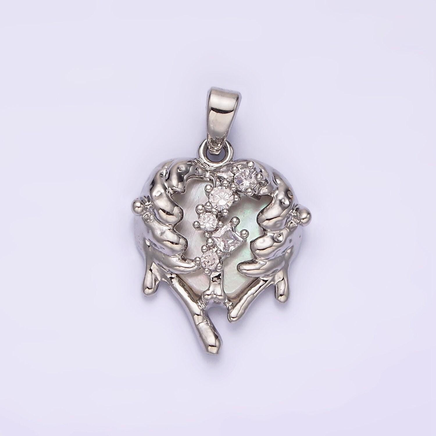 14k gold filled clear cz molten drip shell pearl heart pendant in gold & silver | n1793 n1794