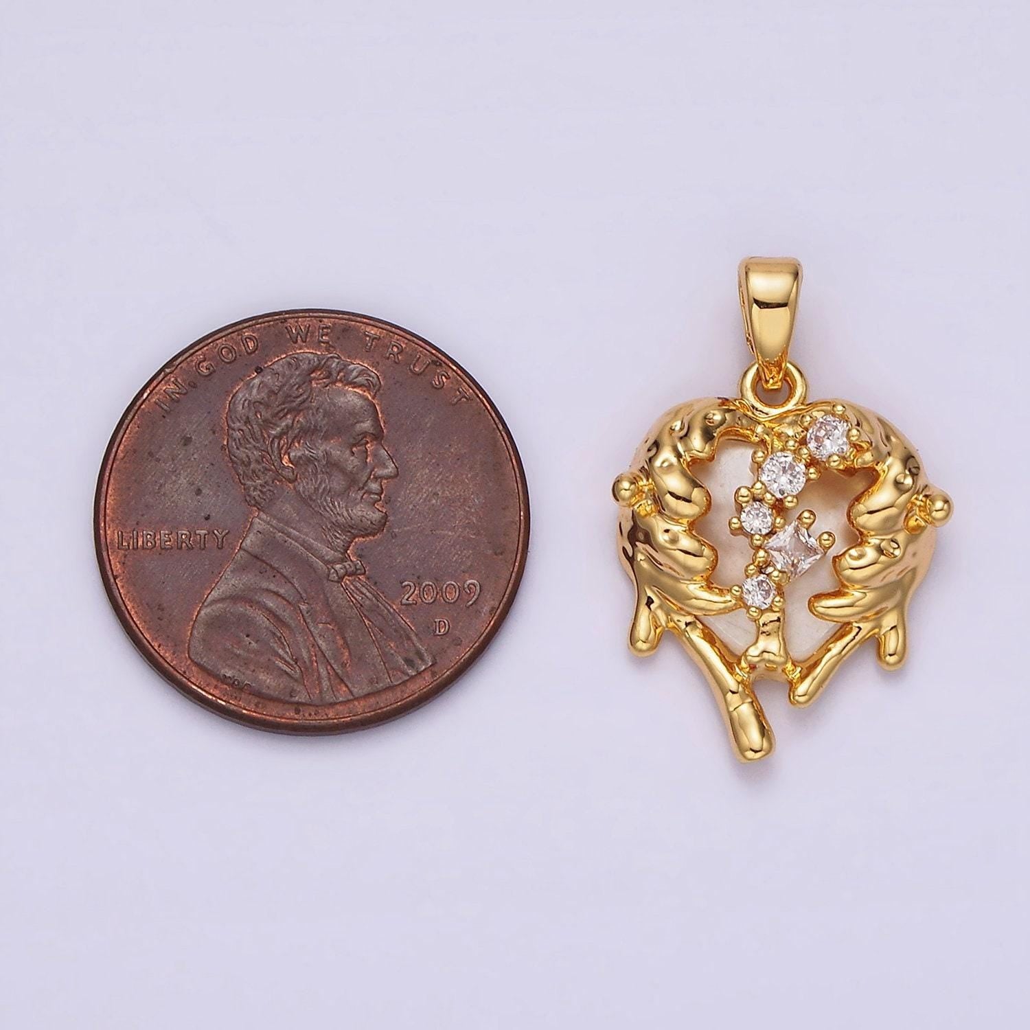 14k gold filled clear cz molten drip shell pearl heart pendant in gold & silver | n1793 n1794