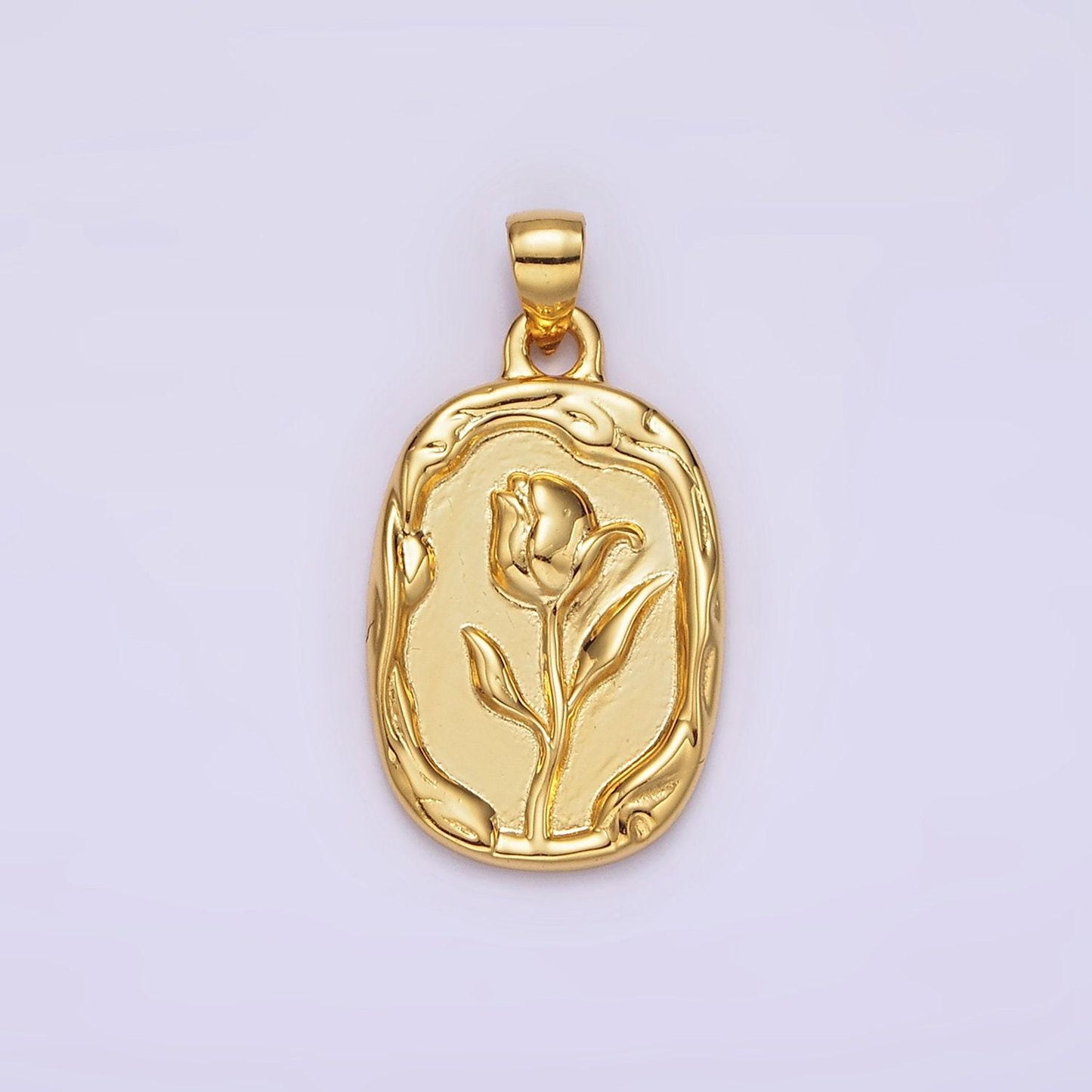 14k gold filled rose flower molten stamped oval pendant in gold & silver | n1787 n1788