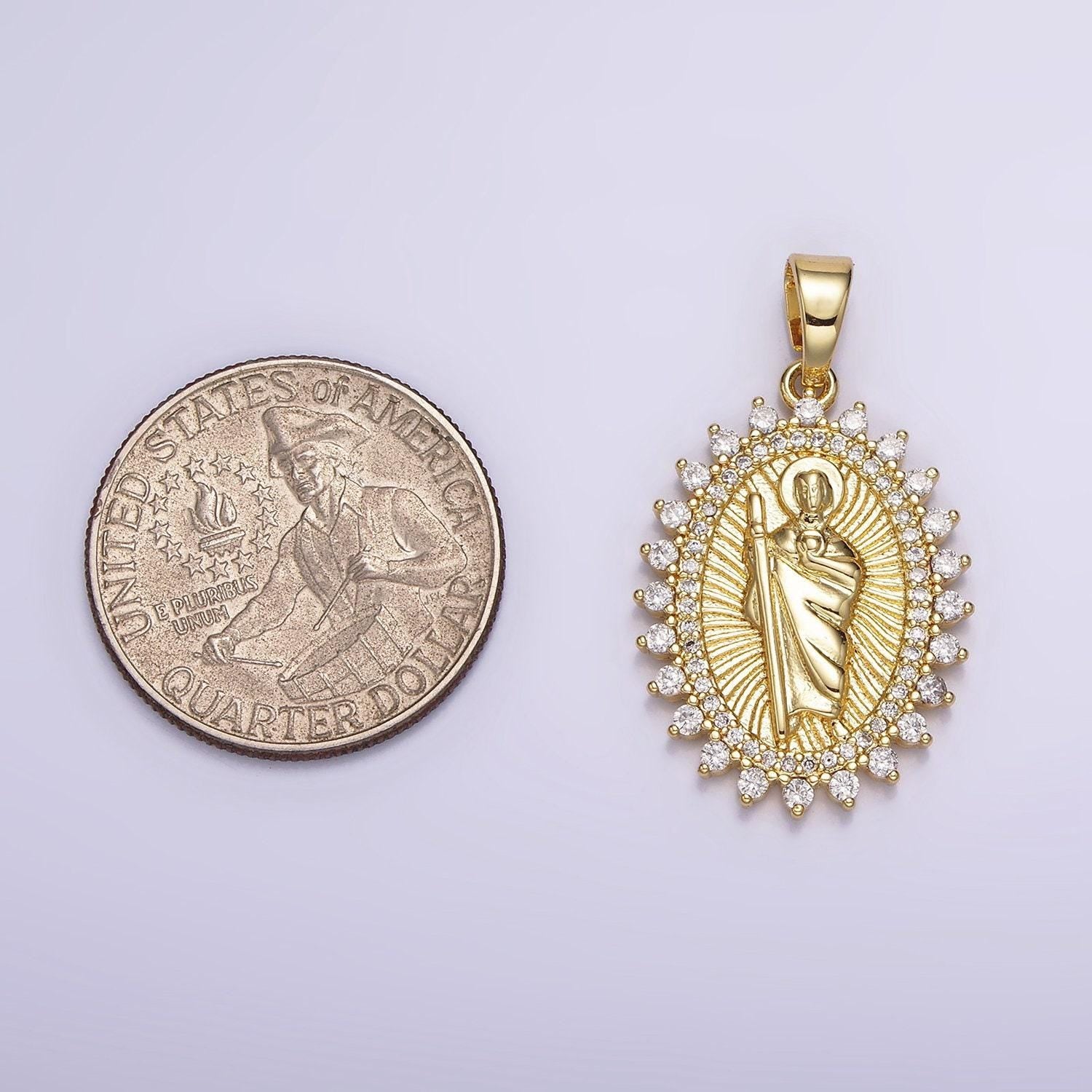 14k gold filled saint jude religious swirl lined clear micro paved cz dotted oval pendant | n1785