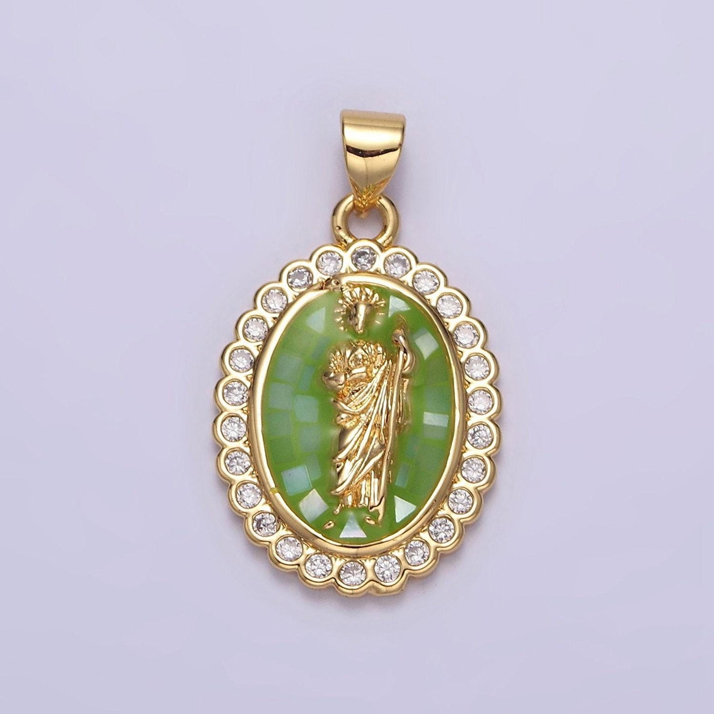 14k gold filled saint jude pendant cz san judas tadeo charm necklace, religious catholic jewelry green opal san judas tadeo charm n1776