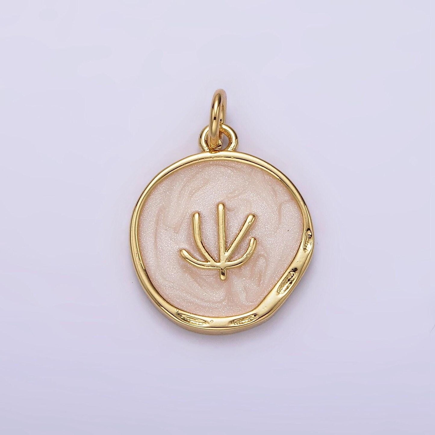 16k gold filled tree doodle line seaweed broken white, pink sparkly enamel stamped dented round charm | n1771 n1772