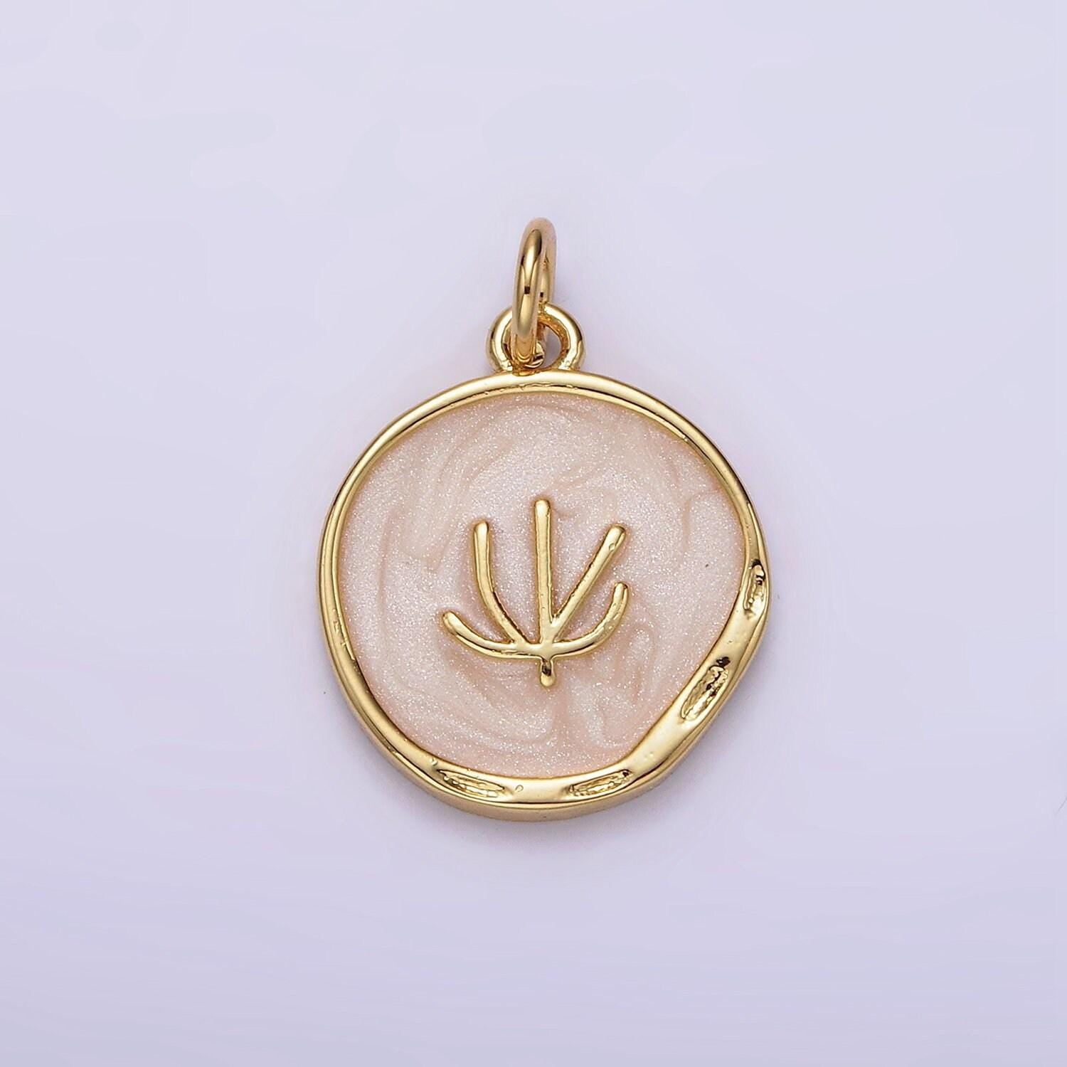 16k gold filled tree doodle line seaweed broken white, pink sparkly enamel stamped dented round charm | n1771 n1772