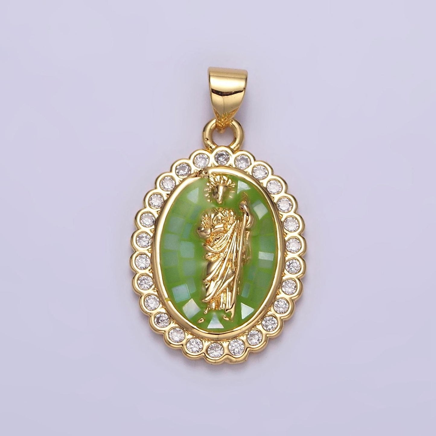 14k gold filled saint jude pendant cz san judas tadeo charm necklace, religious catholic jewelry green opal san judas tadeo charm n1776