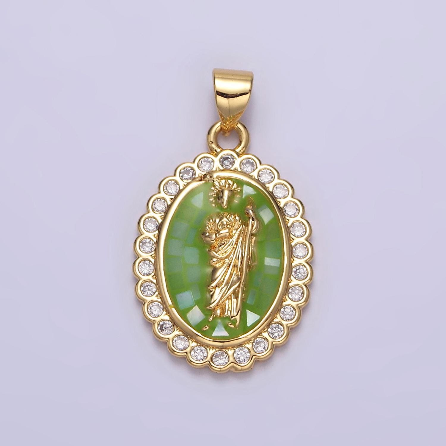 14k gold filled saint jude pendant cz san judas tadeo charm necklace, religious catholic jewelry green opal san judas tadeo charm n1776