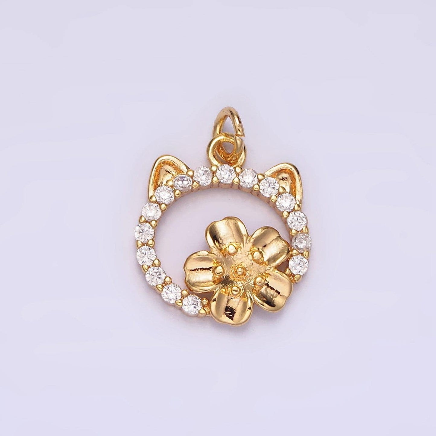 14k gold filled flower cat open micro paved cz round charm | n1767