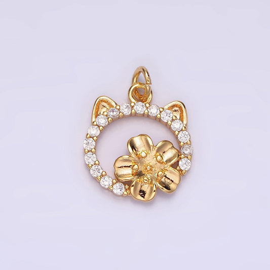 14k gold filled flower cat open micro paved cz round charm | n1767