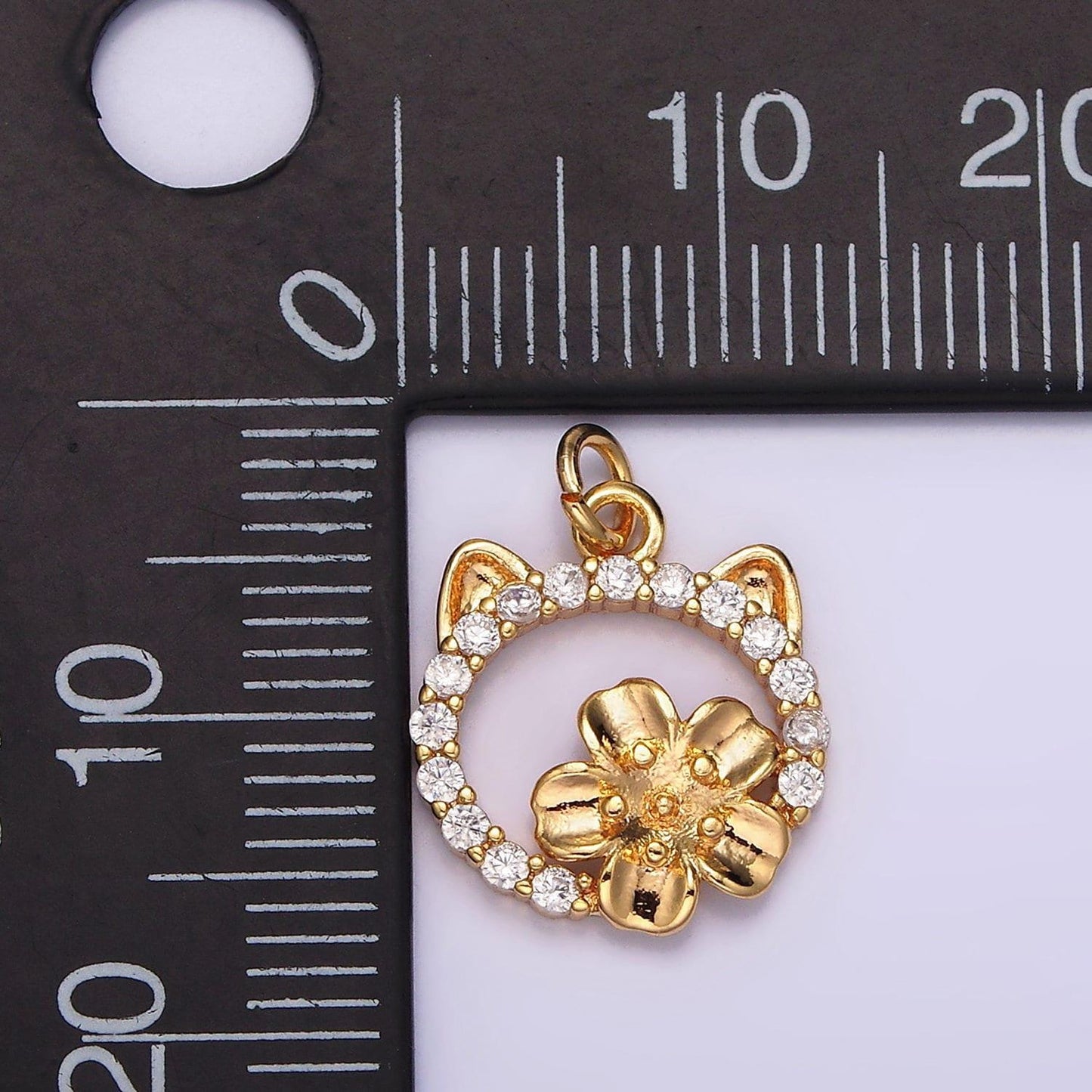 14k gold filled flower cat open micro paved cz round charm | n1767