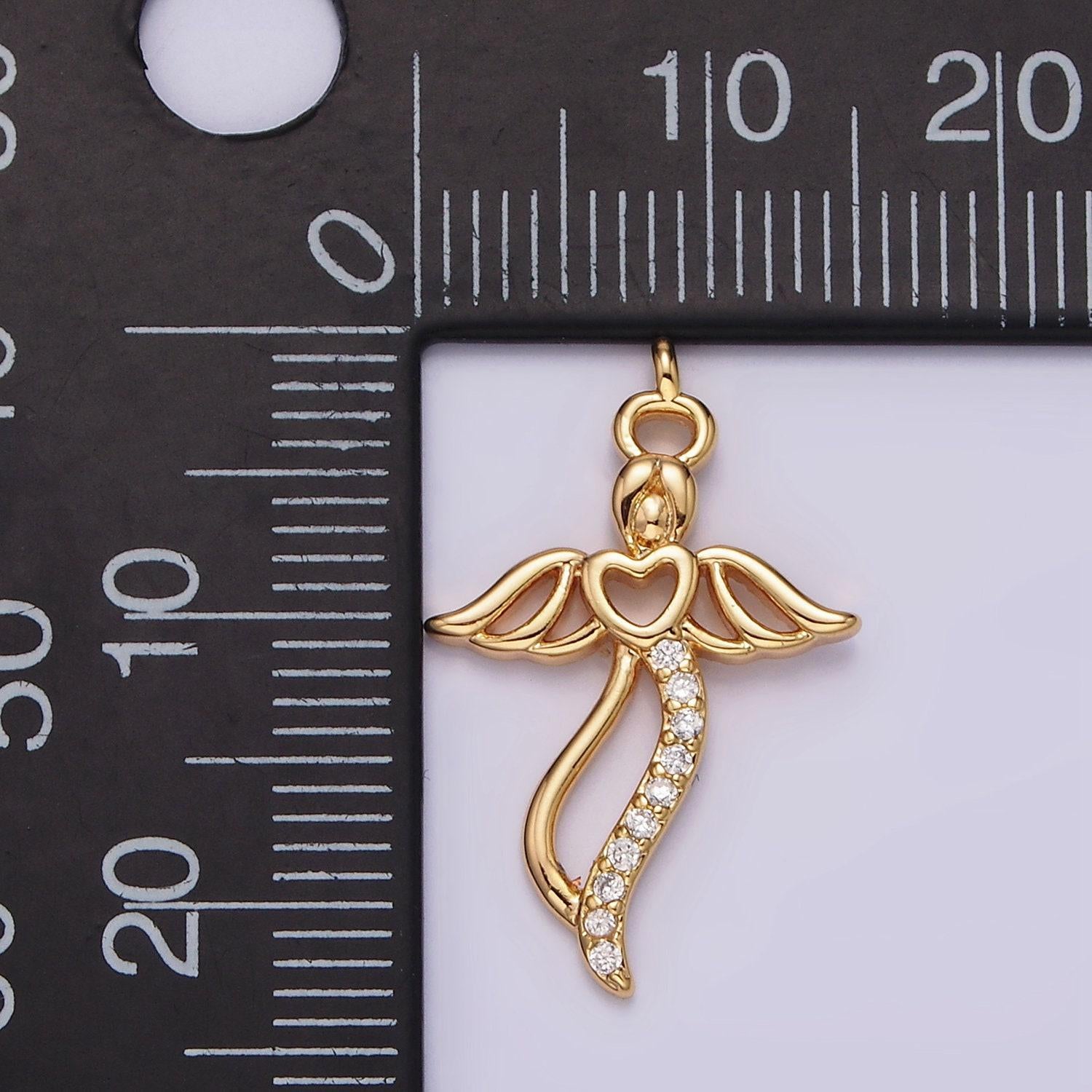 18k gold filled open heart angel wings clear micro paved cz charm | n1765